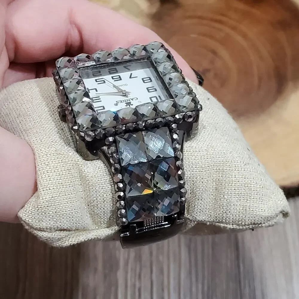Cannes Women Silver Tone Crystal Rhinestone Square Face Quartz Cuff Watch